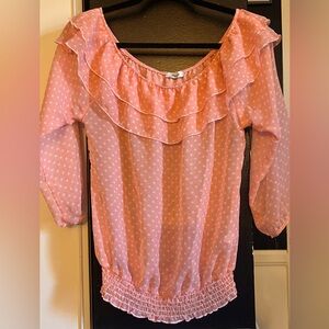 Pink Ruffled polkadot Women's sheer peasant top, cottagecore medium